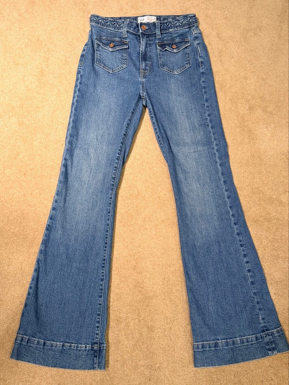 GAP 70s Flare High Rise Jeans Size 26 / 2R Braided Waist Flap Pocket Blue Denim